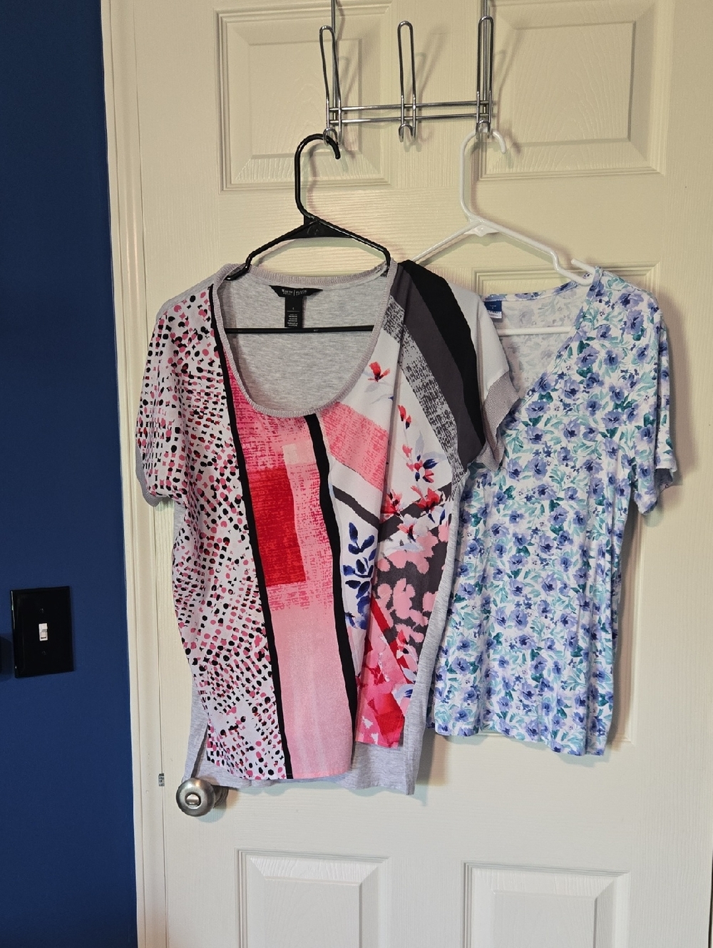 Mixed Print Short Sleeve Top - Pink, Gray, Black